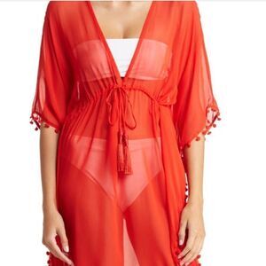 11-Cherry Red Tassel Trim Short Swim Cover by Shahida Parides